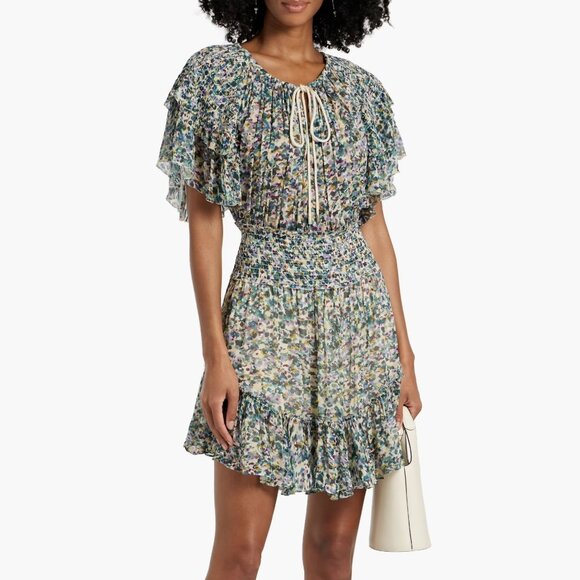 Isabel Marant Étoile Florise Smocked Floral Mini Dress – Green Multi - Picture 1 of 16